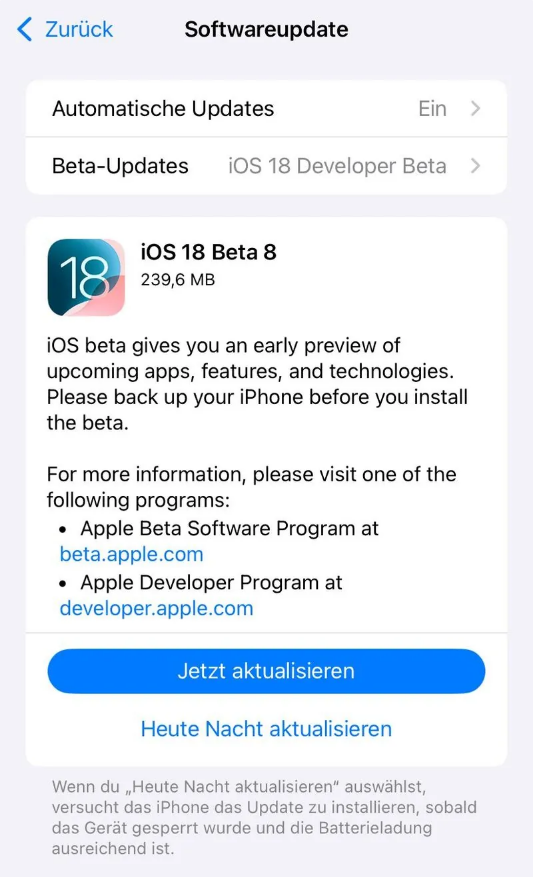 北海苹果手机维修分享苹果 iOS / iPadOS 18 开发者预览版 Beta 8 发布 